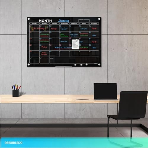 Black 24”x36” Magnetic Glass Whiteboard Undated Monthly Calendar Planner