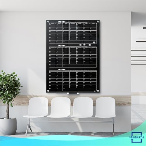 Black Glass Whiteboard Quarterly Planner 34x46" with Marker Tray