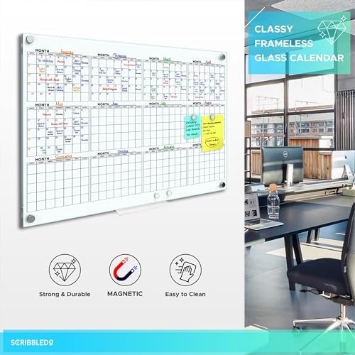 Yearly 24"x36" Glass Magnetic Whiteboard Calendar Planner