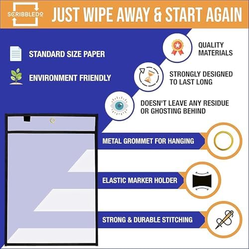 Reusable Dry Erase Pockets with Marker Holder, Assorted Colors (50 Pack)