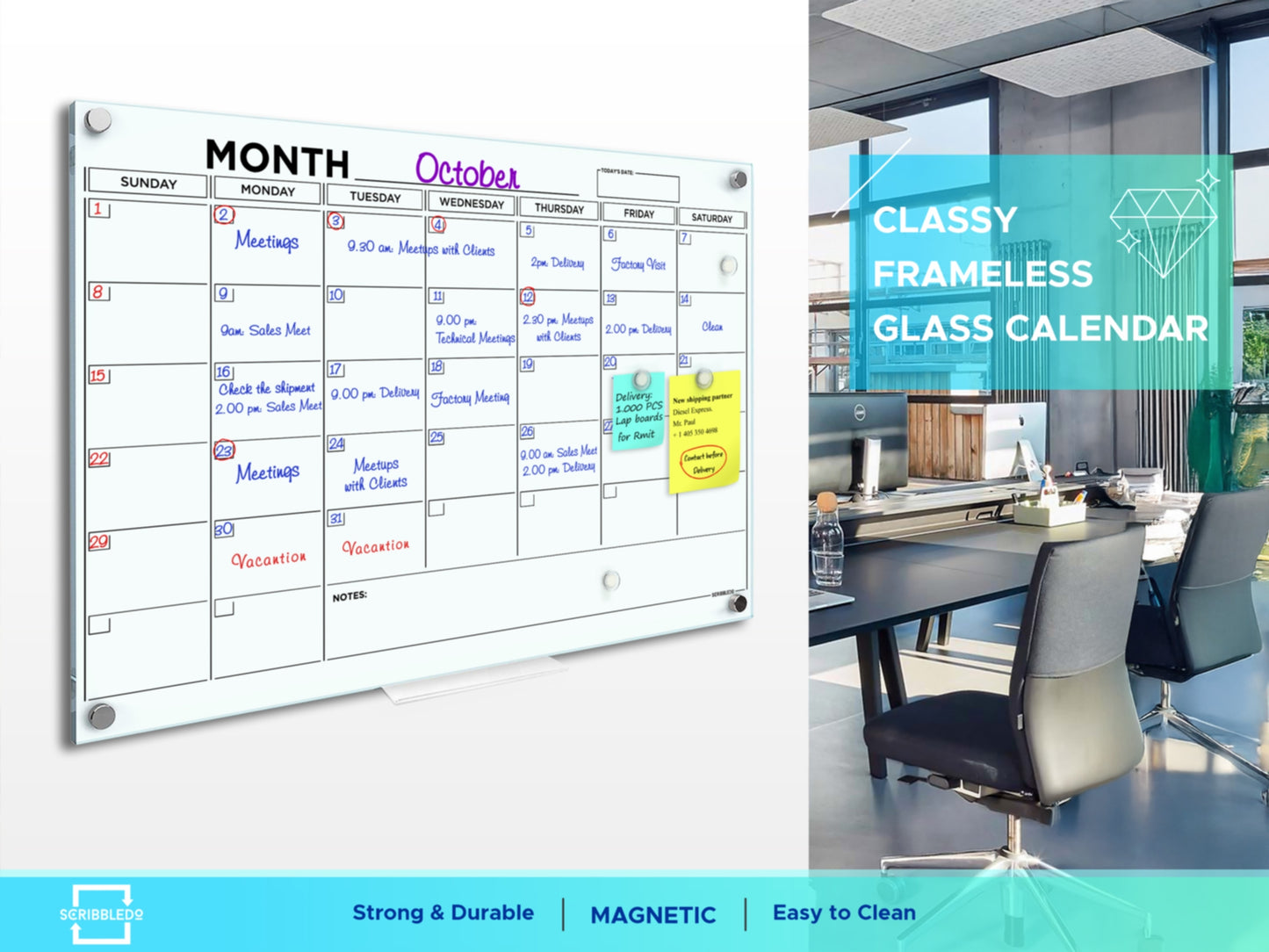 Magnetic Glass Whiteboard Calendar 24"x36" Monthly Planner
