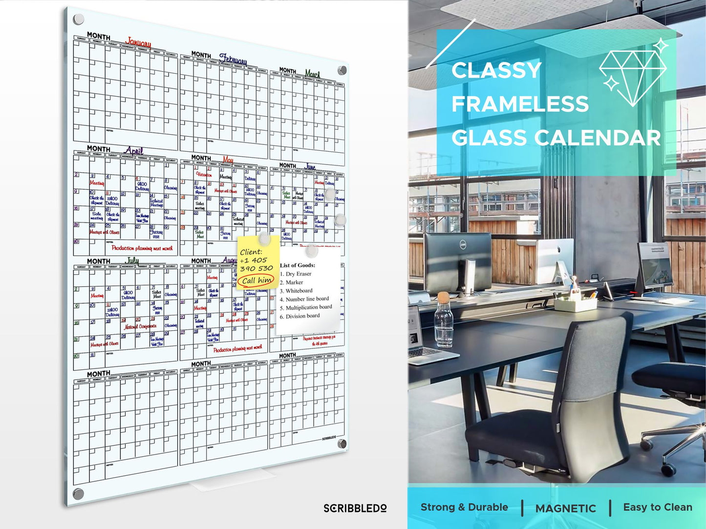 Magnetic Glass Whiteboard 2024 Calendar 34"x46" Yearly Planner