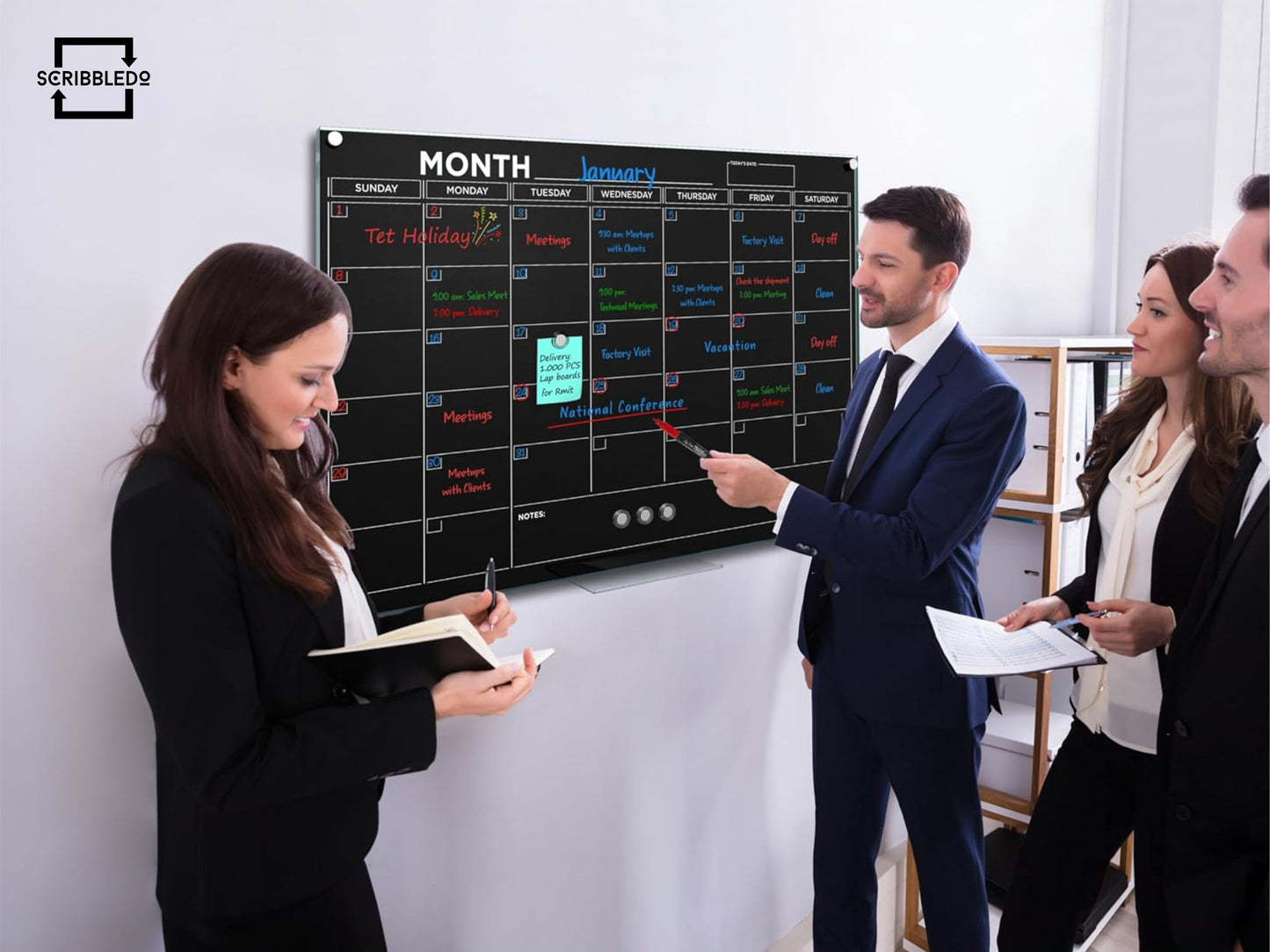 Black Magnetic Glass Whiteboard Calendar 24"x36" Monthly Planner