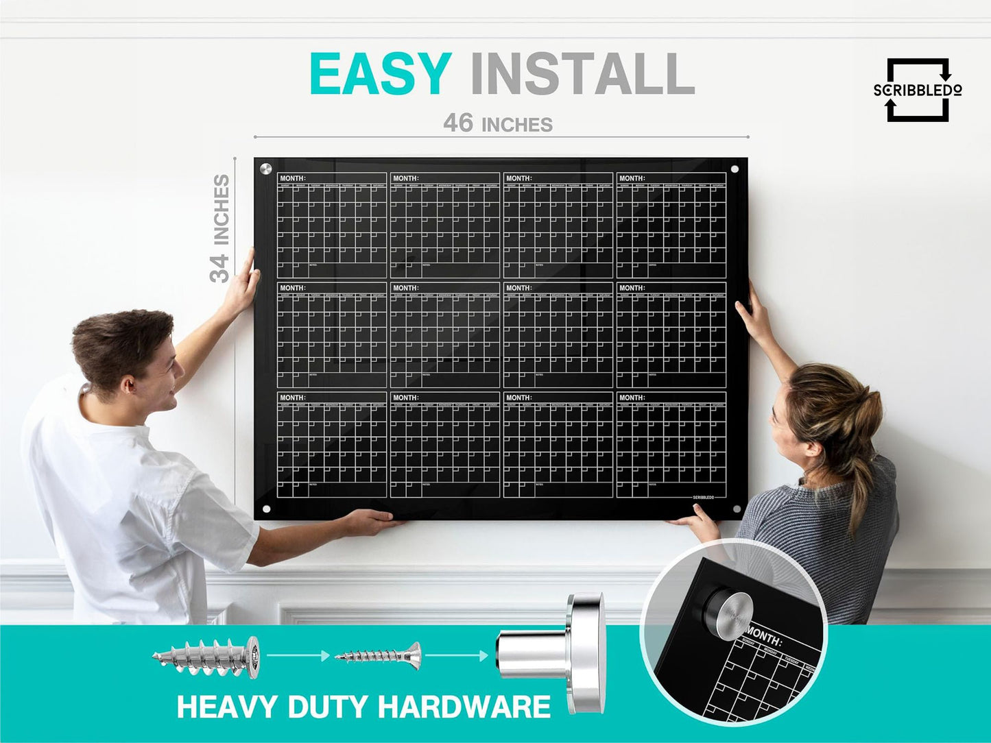 Black Magnetic Glass Whiteboard Calendar 34"x46" Yearly Planner