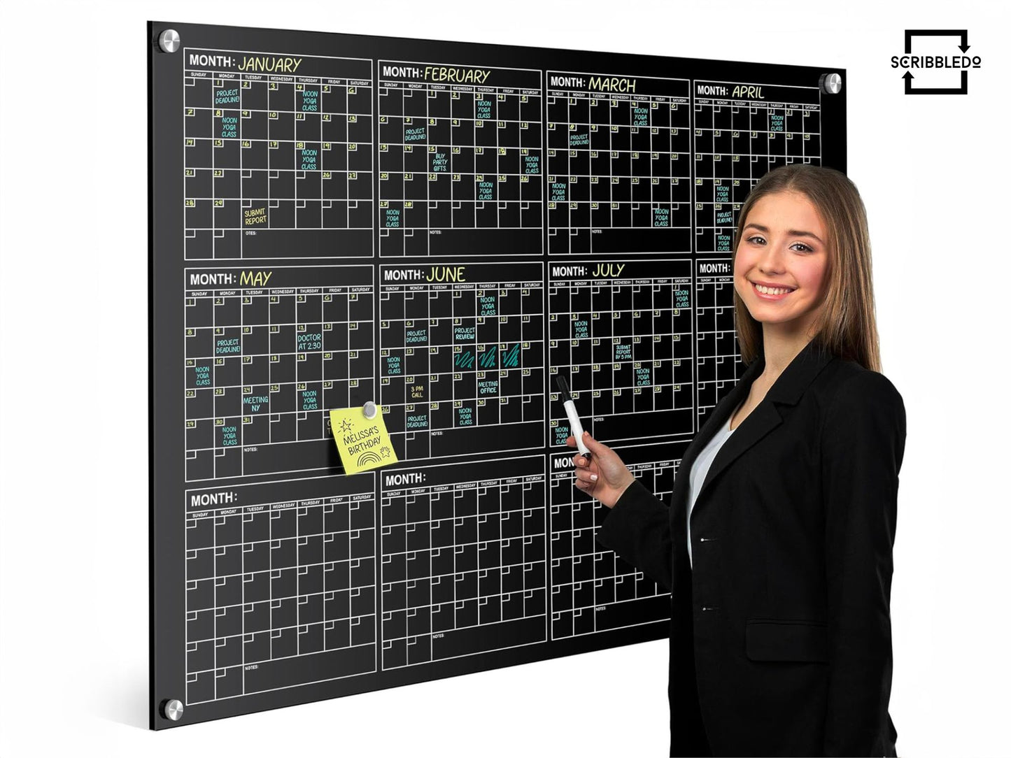 Black Magnetic Glass Whiteboard Calendar 34"x46" Yearly Planner