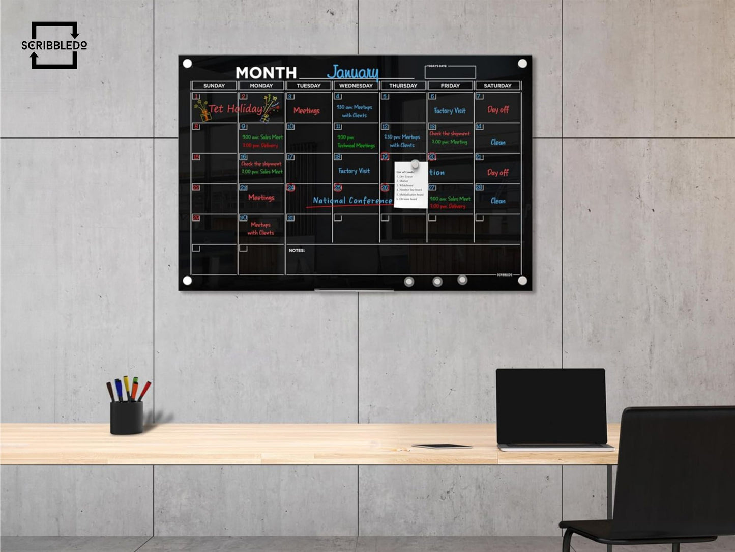 Black Magnetic Glass Whiteboard Calendar 24"x36" Monthly Planner