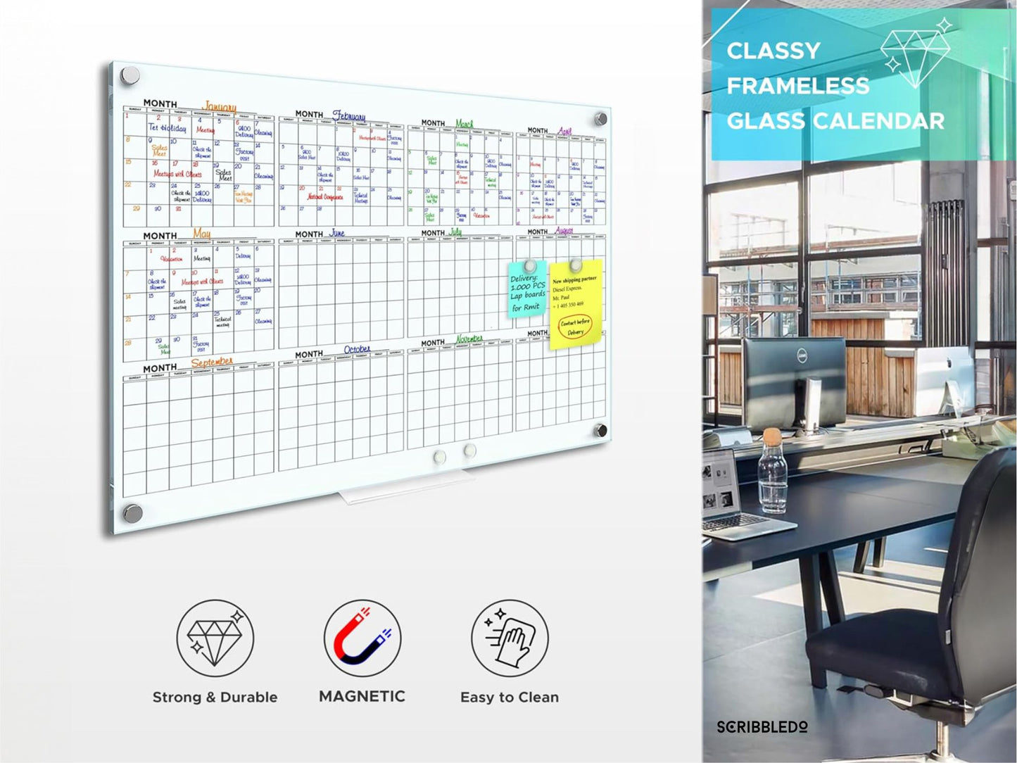 Magnetic Glass Whiteboard 2024 Calendar 24"x36" Yearly Planner