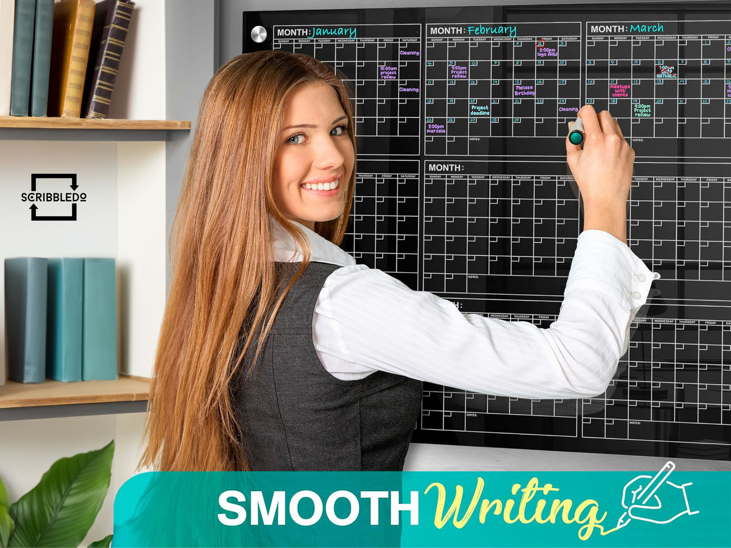 Black Magnetic Glass Whiteboard Calendar 34"x46" Yearly Planner