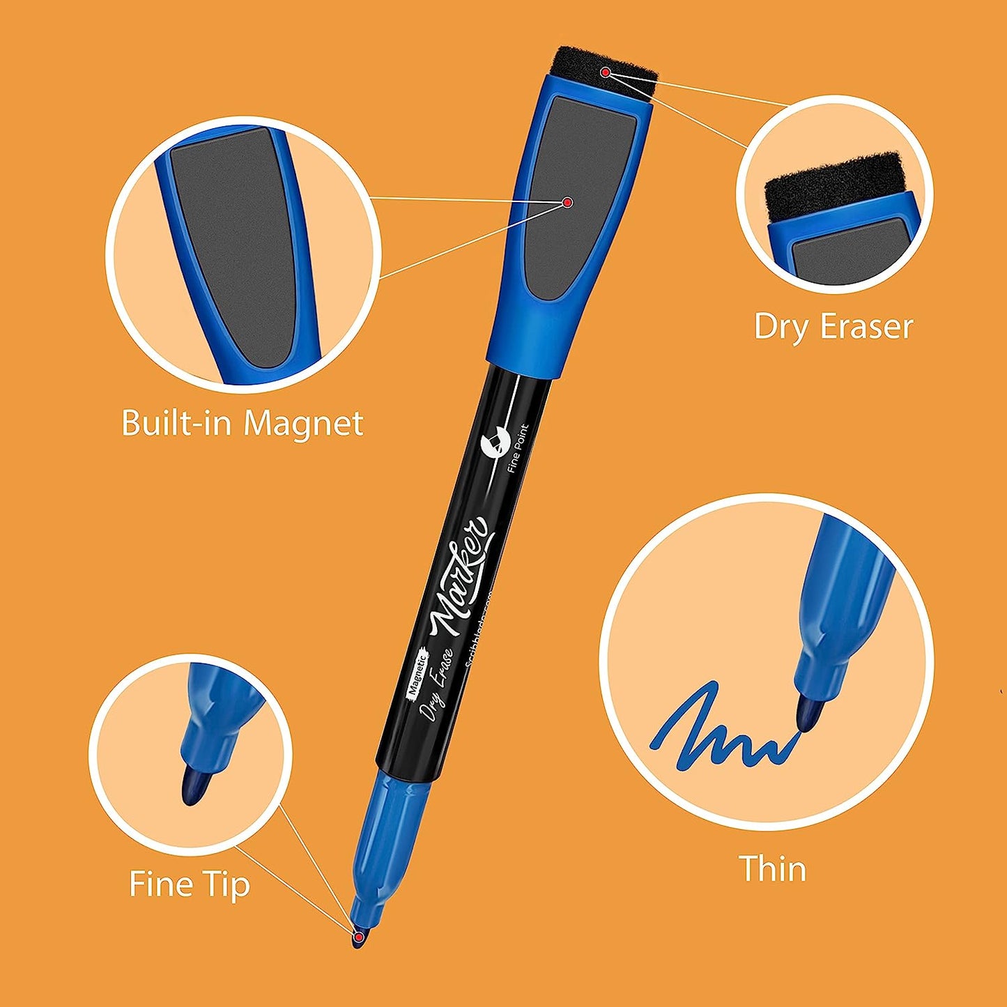 fine tip, dry eraser with magnet built in