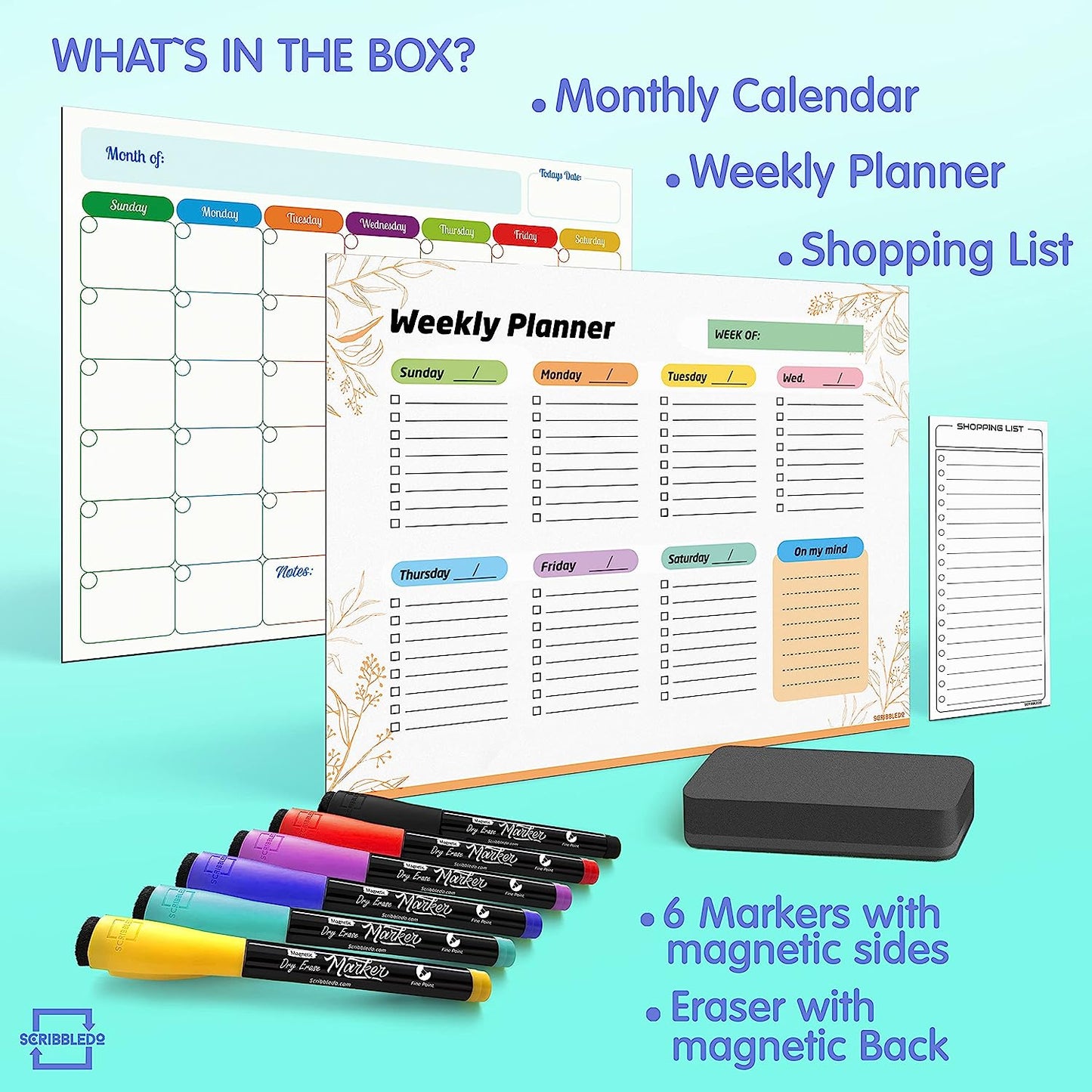 dry erase monthly calendar, weekly planner, shopping list with 6 markers
