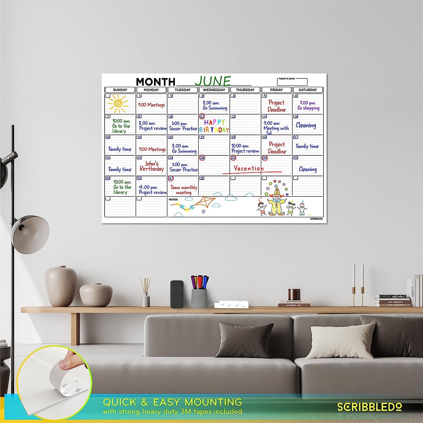 white board 2023 calendar 24x36 with 6 markers, eraser, push pins & mounting tape
