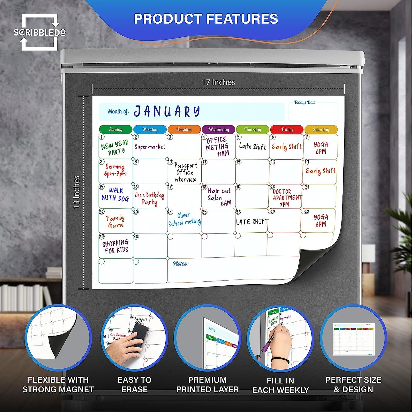 magnetic monthly planner for refrigerator 13x17