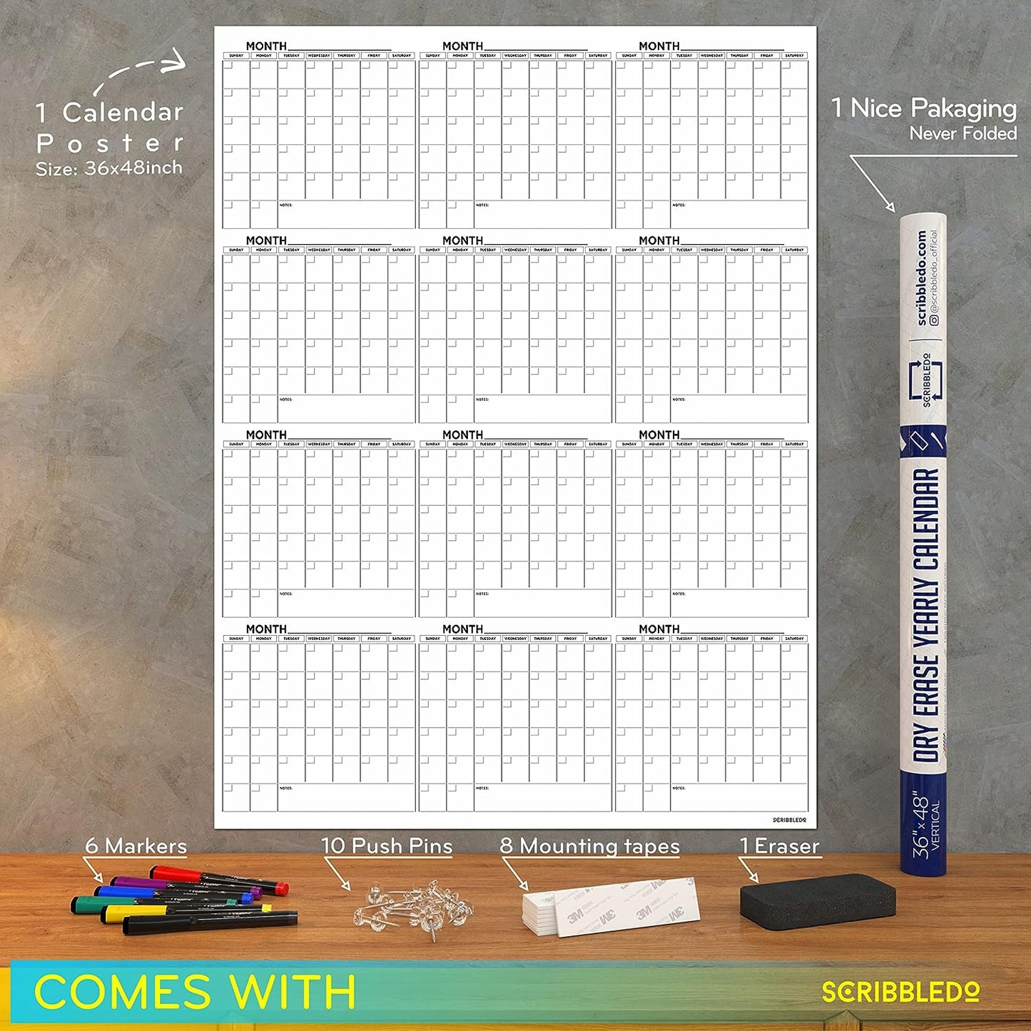 Large Whiteboard Quarterly Calendar 36"x48"