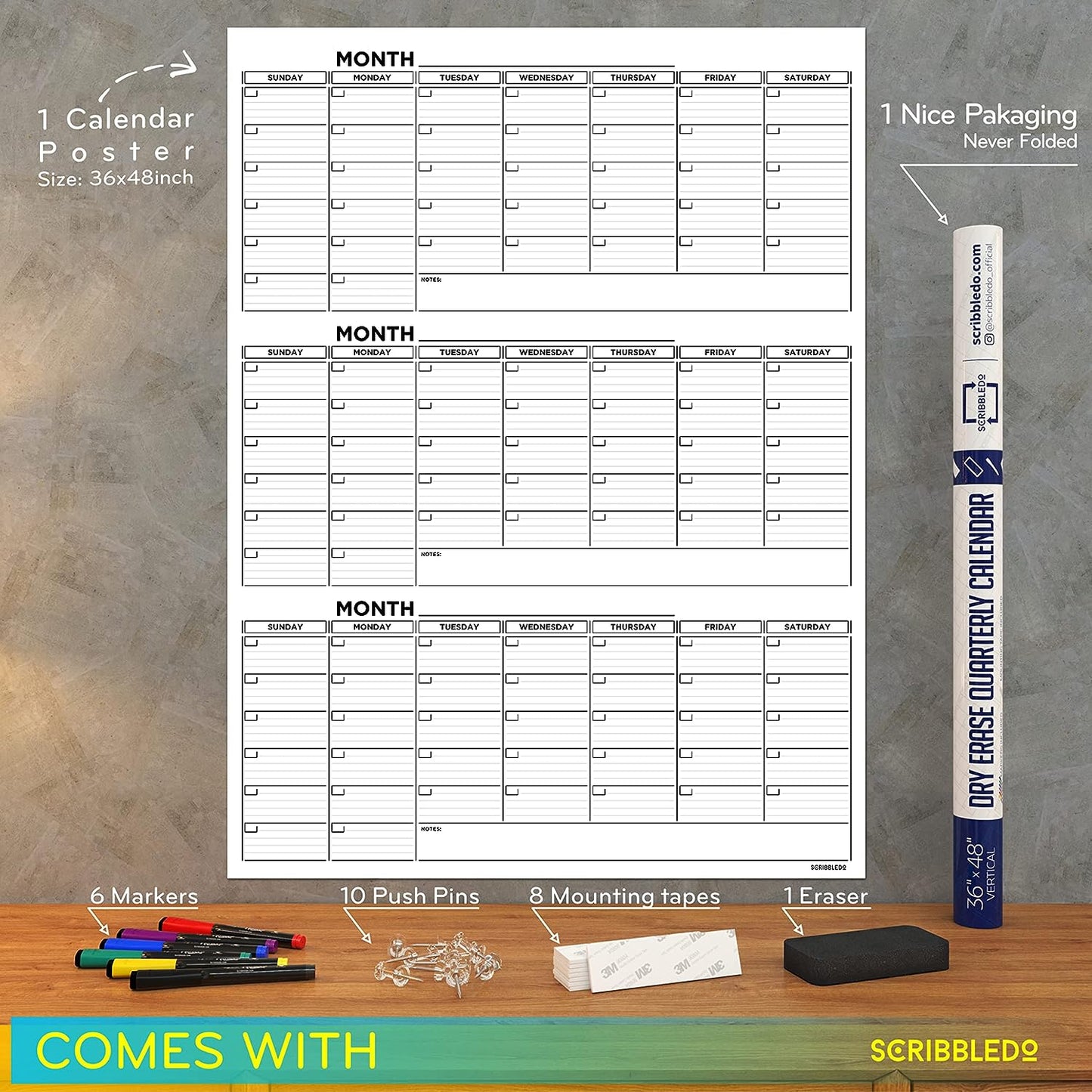 Large Whiteboard Dry Erase Calendar 36"x48"