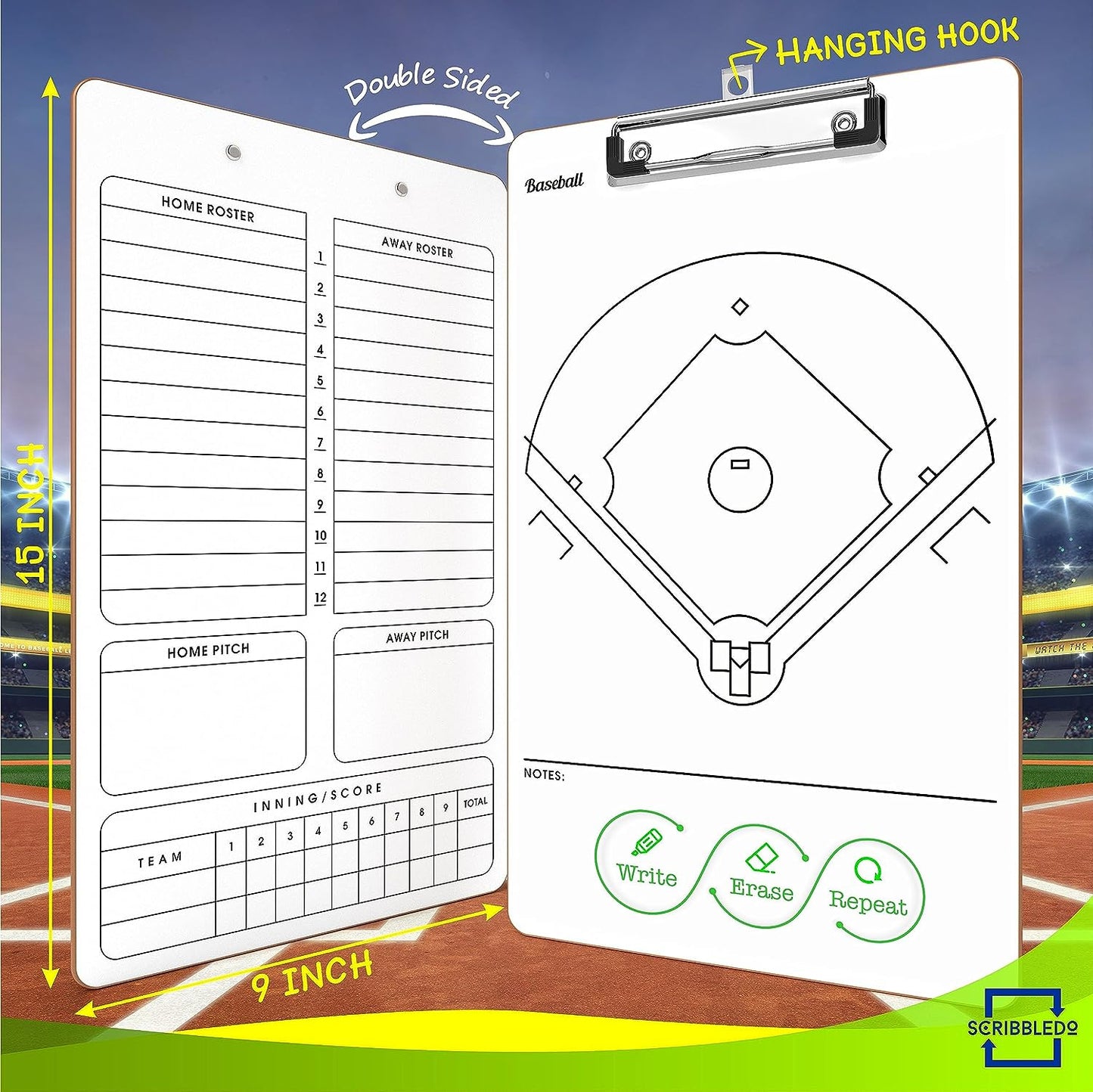 double sided dry erase baseball lineup board 15"x9"