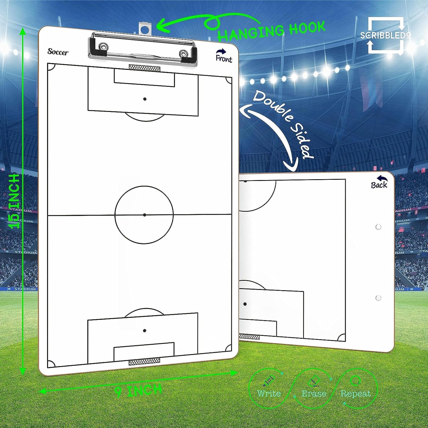 double sided dry erase soccer clipboard 15"x9"