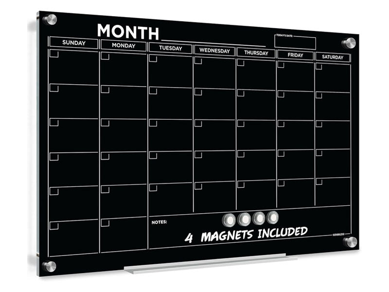 Black Magnetic Glass Whiteboard Calendar 24"x36" Monthly Planner