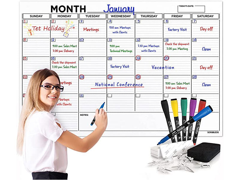2023 monthly white board calendar 36x48 with 6 markers, eraser, push pins & mounting tape