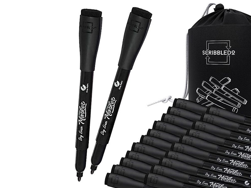 Brite Tools 30 Black Dry Erase Markers Low Odor with Fine Tip and Storage Pouch for Whiteboard Kids Children Student School Class and Office (30