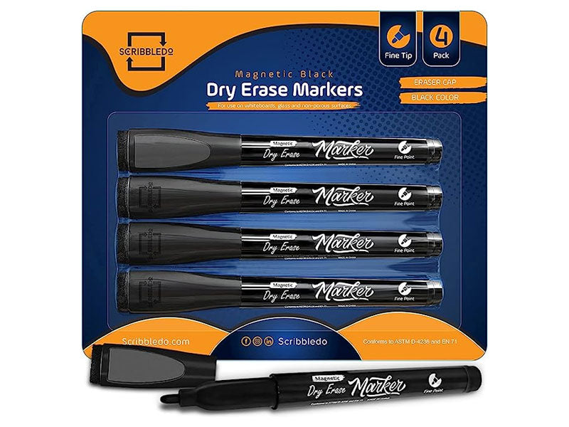 4 pack Magnetic Fine Tip Dry Erase Black Markers