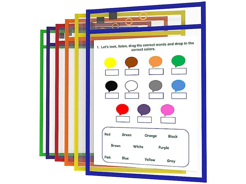 6-Pack Dry Erase Colored Pockets, Durable & Reusable Plastic Sleeves for  Classroom