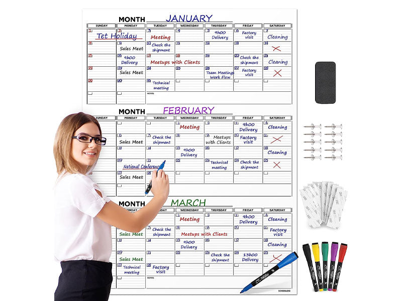 White Board 2024 Calendar 24x36 with 6 Markers, Eraser, Push Pins & –