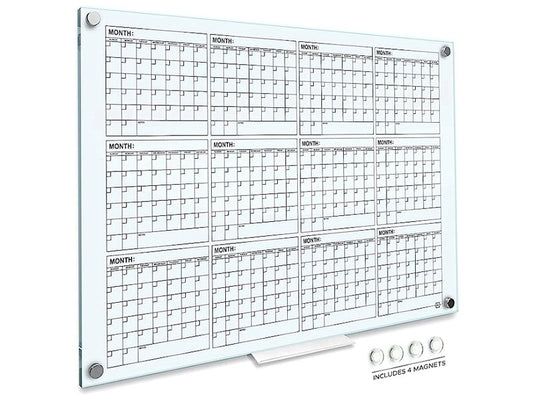 Glass Whiteboard Calendar 34x46 with Marker Tray