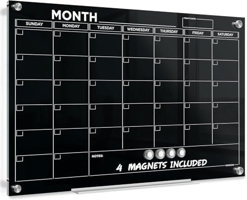 Black 24”x36” Magnetic Glass Whiteboard Undated Monthly Calendar Planner