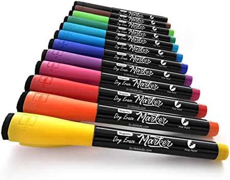 Magnetic Dry Erase Markers, Fine Tip, Assorted, Eraser Cap (12 Pack)
