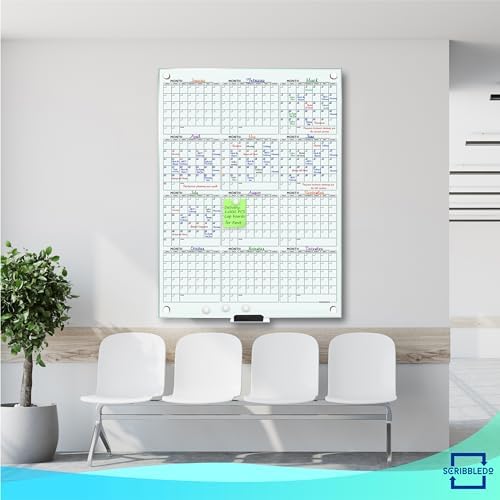 Magnetic 34”x46” Glass Whiteboard Yearly Dry Erase Calendar Planner