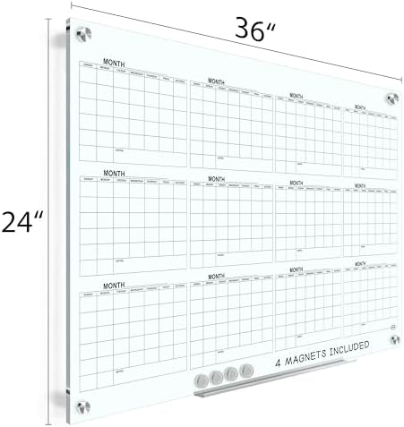 Yearly 24"x36" Glass Magnetic Whiteboard Calendar Planner