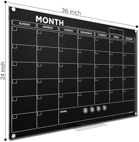 Black 24”x36” Magnetic Glass Whiteboard Undated Monthly Calendar Planner