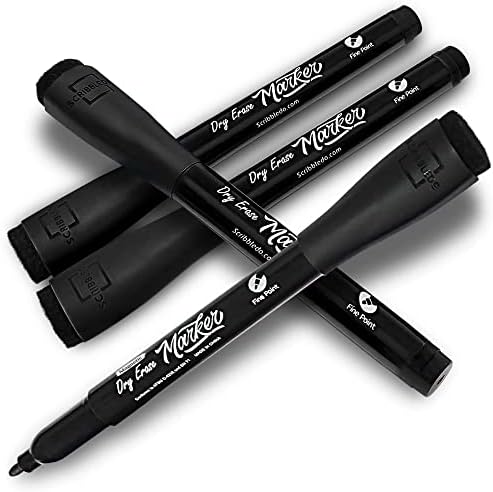 Magnetic Fine Tip Low Odor Black Dry Erase Markers, Eraser Cap (4 Pack)