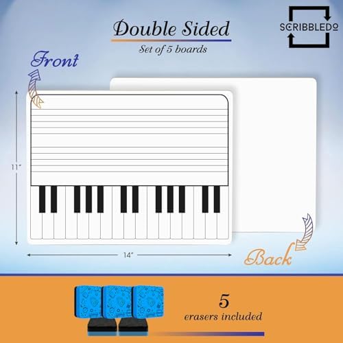5 Pack 11 x 14 Inch Piano Board Dry Erase Whiteboards Double Sided Music Staff