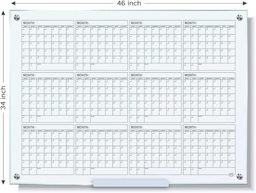 Magnetic 34”x46” Glass Whiteboard Yearly Dry Erase Calendar Planner