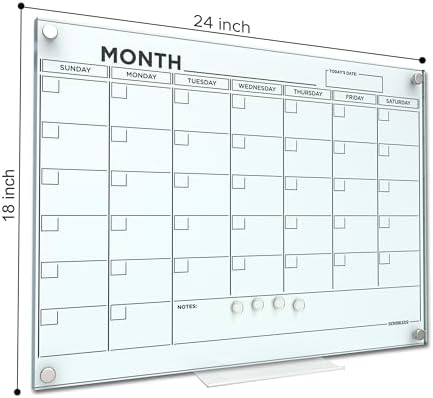 Magnetic 18"x24" Glass Whiteboard Calendar with Marker Tray