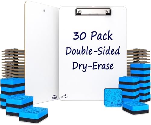 Double Sided Dry Erase Clipboards 9"x12" with 30 Erasers (30 Pack)