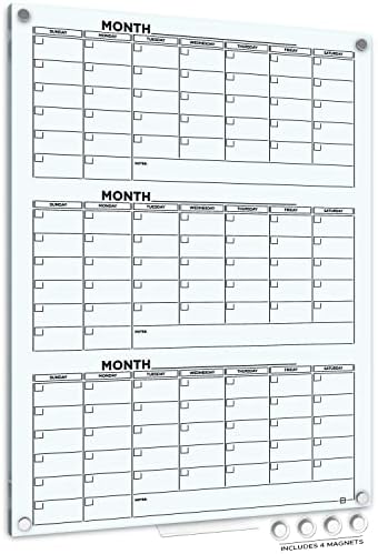 Glass Whiteboard Calendar 34x46 Quarterly Planner 3 Month & Marker Tray