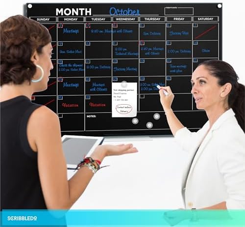 Black 24”x36” Magnetic Glass Whiteboard Undated Monthly Calendar Planner