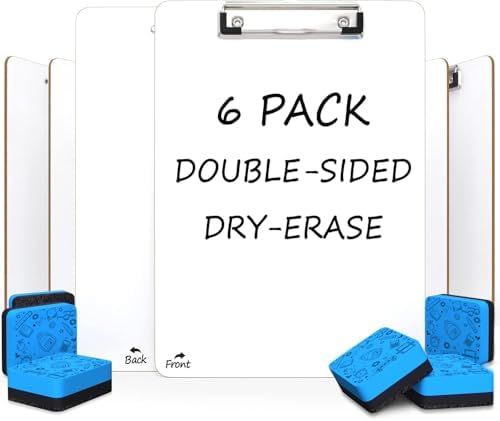 Dry Erase Clipboards Double-Sided 9"x12" White with Erasers (6 Pack)