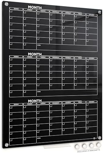 Black Glass Whiteboard Quarterly Planner 34x46" with Marker Tray