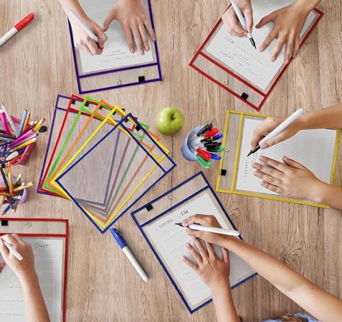 Reusable Dry Erase Pockets with Marker Holder, Assorted Colors (50 Pack)