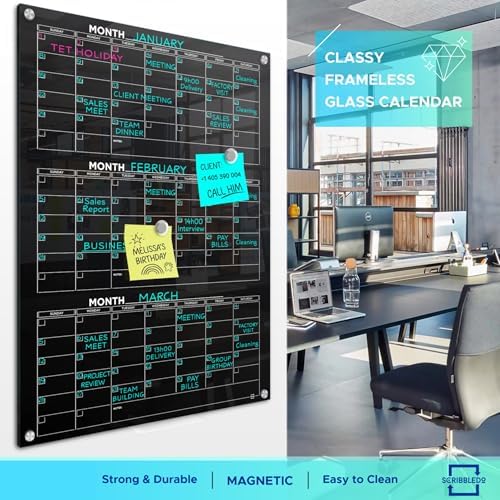 Black Glass Whiteboard Quarterly Planner 34x46" with Marker Tray
