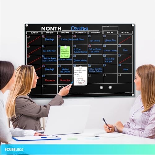 Black 24”x36” Magnetic Glass Whiteboard Undated Monthly Calendar Planner