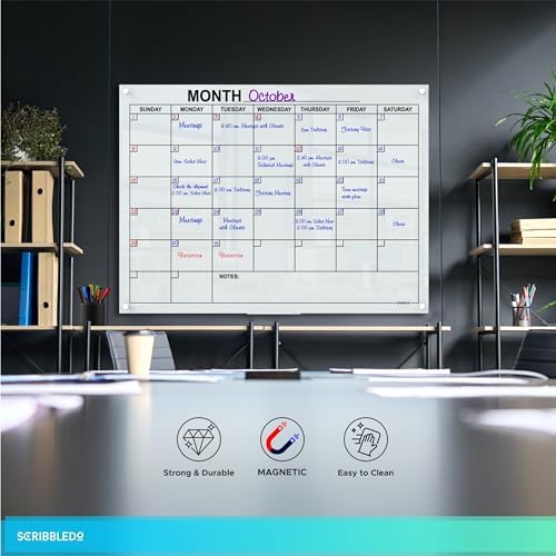 Magnetic Glass Whiteboard Monthly Planner 34”x46”