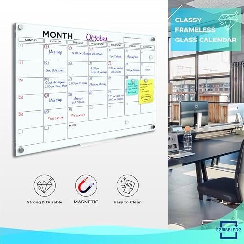 Magnetic 24”x36” Dry Erase Glass Whiteboard with Marker Tray