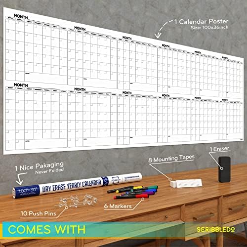 Extra Large 100"x36" 12-Month Dry Erase Whiteboard Monthly Planner