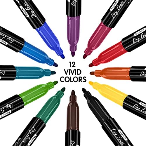 Magnetic Dry Erase Markers, Fine Tip, Assorted, Eraser Cap (12 Pack)
