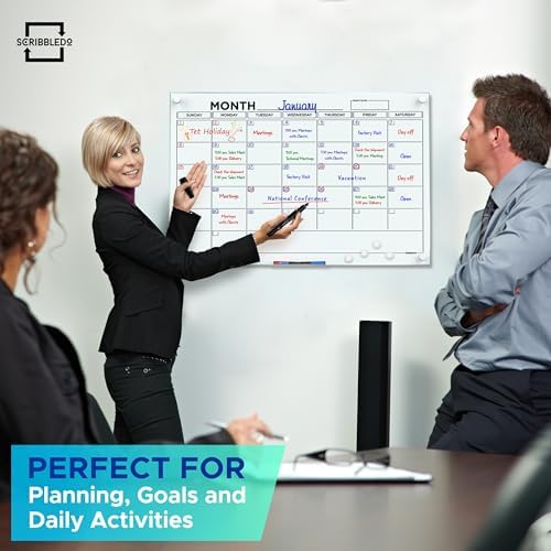 Magnetic 18"x24" Glass Whiteboard Calendar with Marker Tray