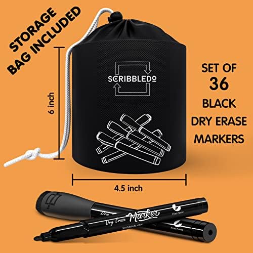 Magnetic Fine Tip Low Odor Black Dry Erase Markers, Eraser Cap (4 Pack)